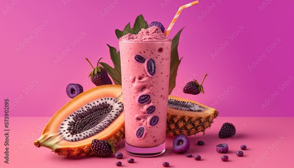  a pink smoothie with a straw and a slice of kiwi on a pink background with a straw and a half of a 