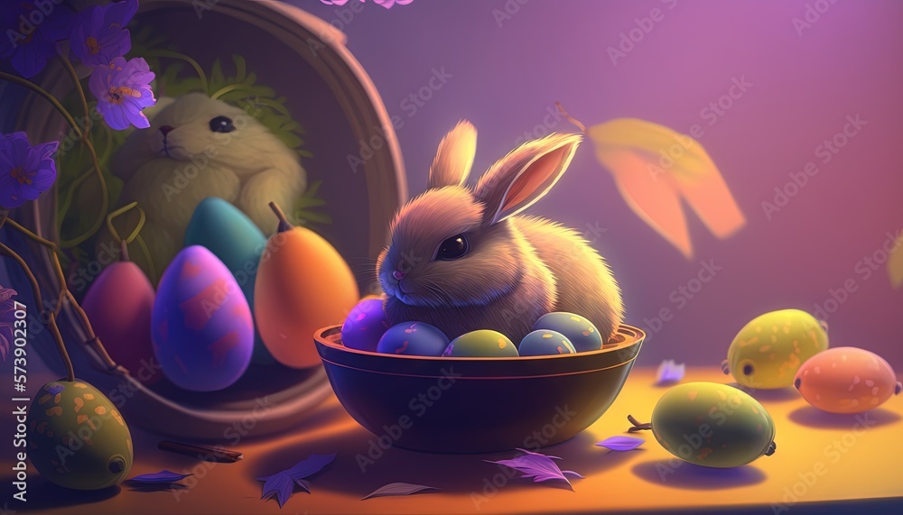  a rabbit sitting in a bowl of eggs with a mirror in the back ground behind it and a bunch of flower