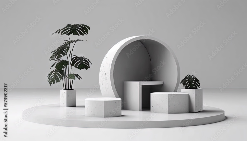  a plant is growing out of a concrete planter on a white pedestal with three planters on it and a pl