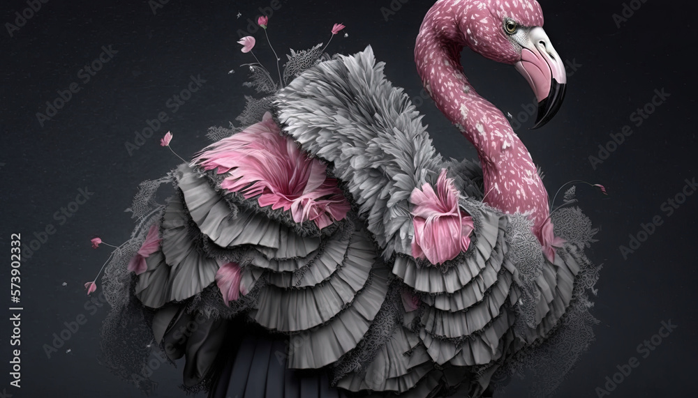  a pink flamingo with a black background and pink flowers on its neck and neck, with a black backgro