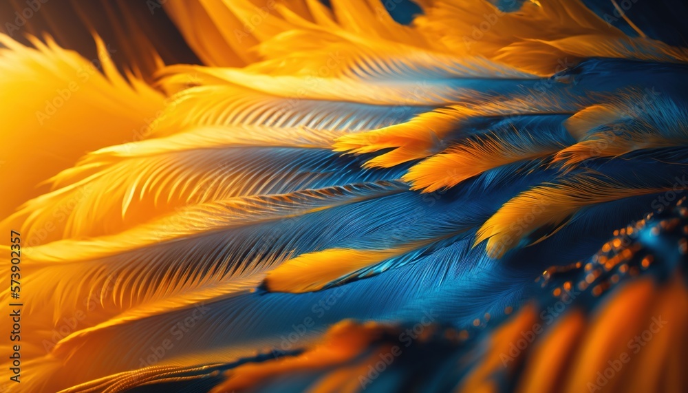  a close up of a yellow and blue birds feathers with a black background and a yellow light in the m