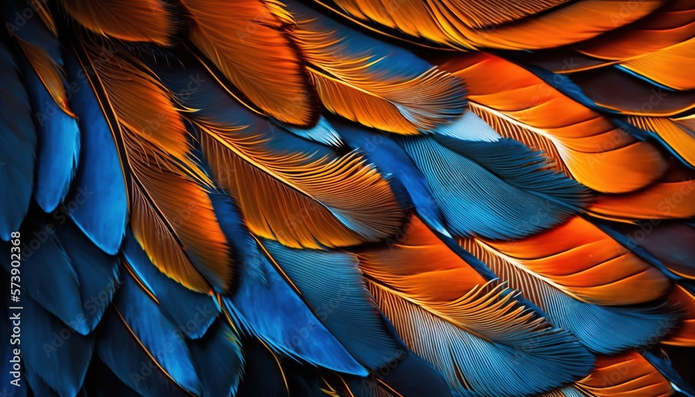  a close up of a colorful birds feathers with orange and blue feathers on the back of its feathers