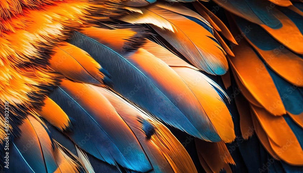  a close up of a colorful birds feathers with orange, blue, and yellow feathers on its back side a