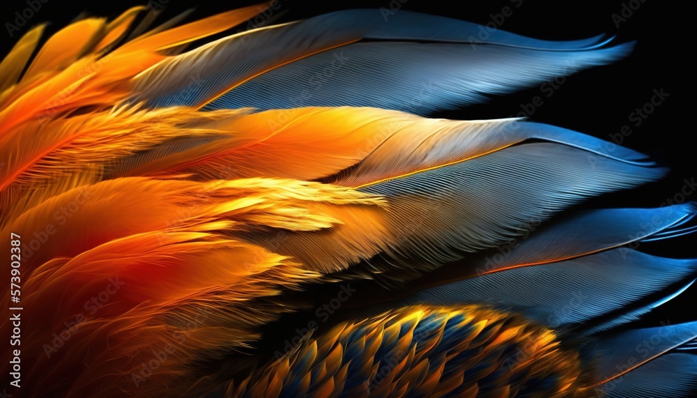  a close up of a colorful birds feathers on a black background with a black back ground and a black