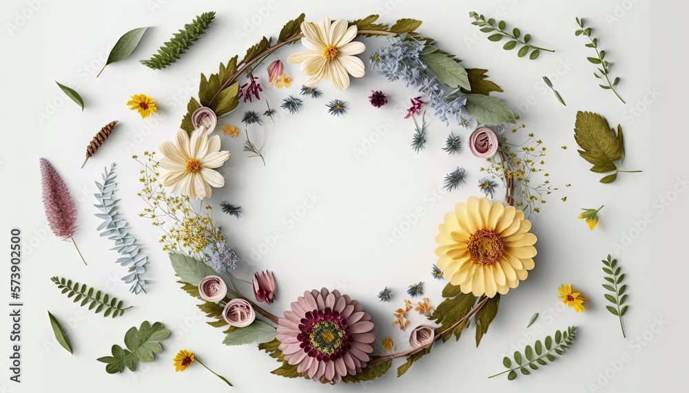  a circular arrangement of flowers and leaves on a white background with a place for a text or a pic