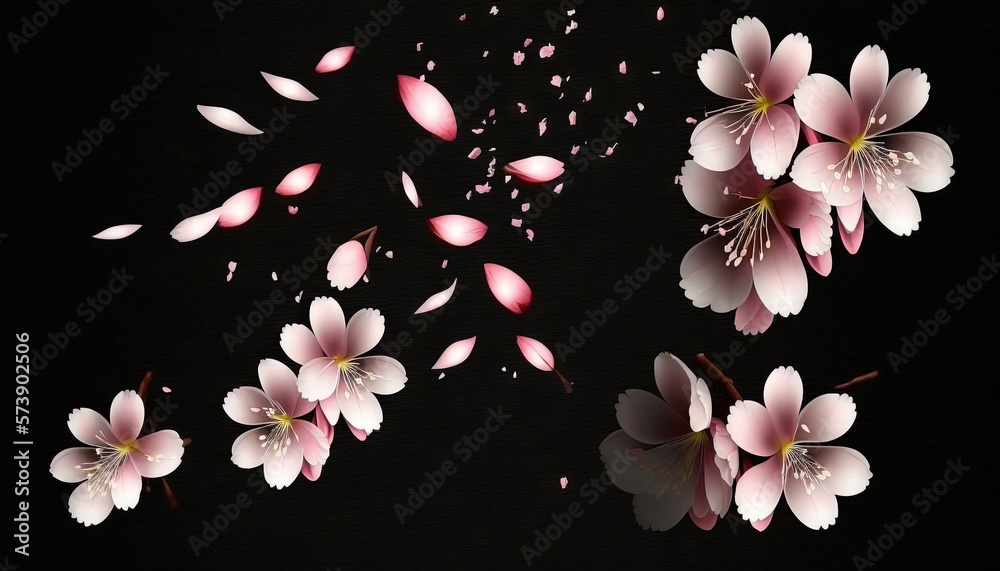  a group of pink flowers floating on top of a black surface with petals falling off of them and peta