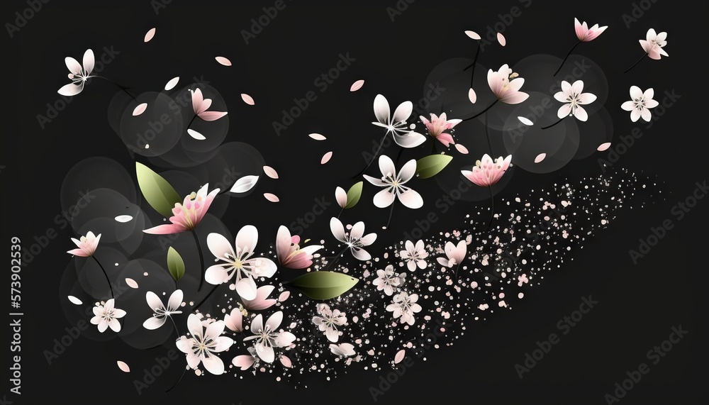  a black background with white and pink flowers and a black background with white and pink flowers a