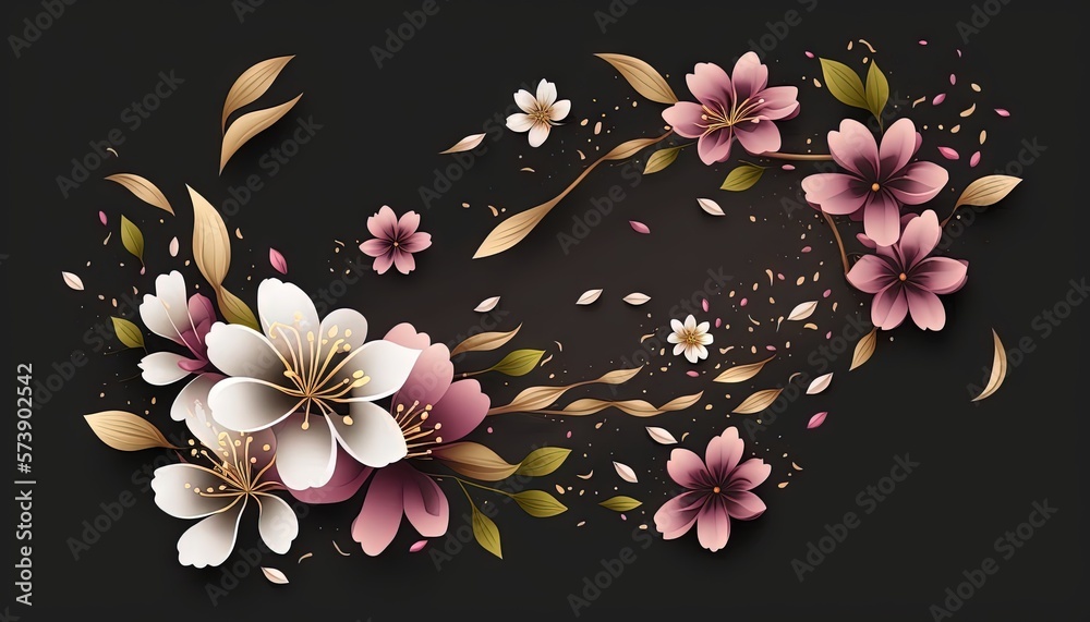  a floral arrangement with pink and white flowers on a black background with gold leaves and sprinkl