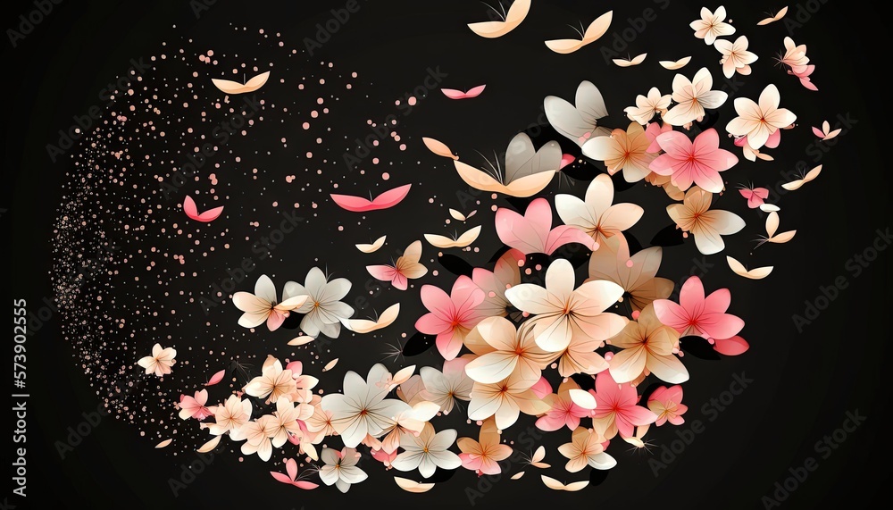  a bunch of pink and white flowers on a black background with a flying bird in the middle of the pic