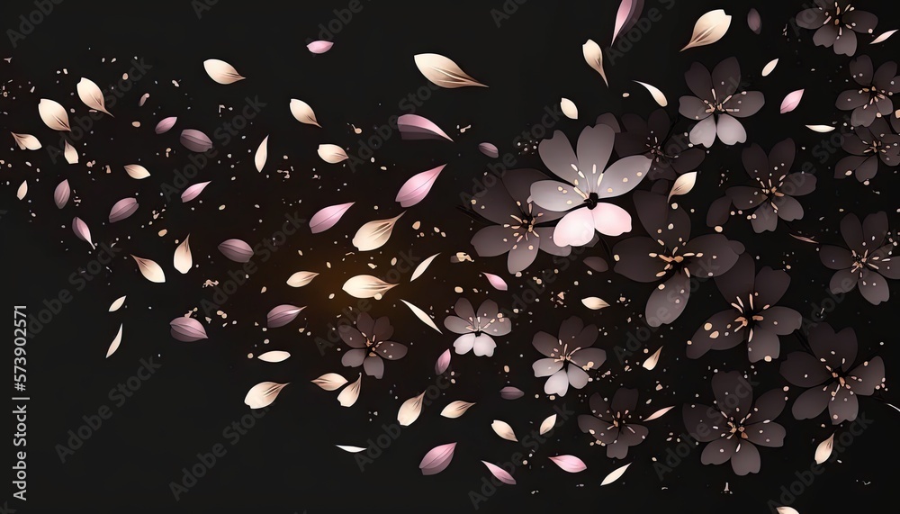  a bunch of flowers that are flying in the air with a light shining through them on a black backgrou