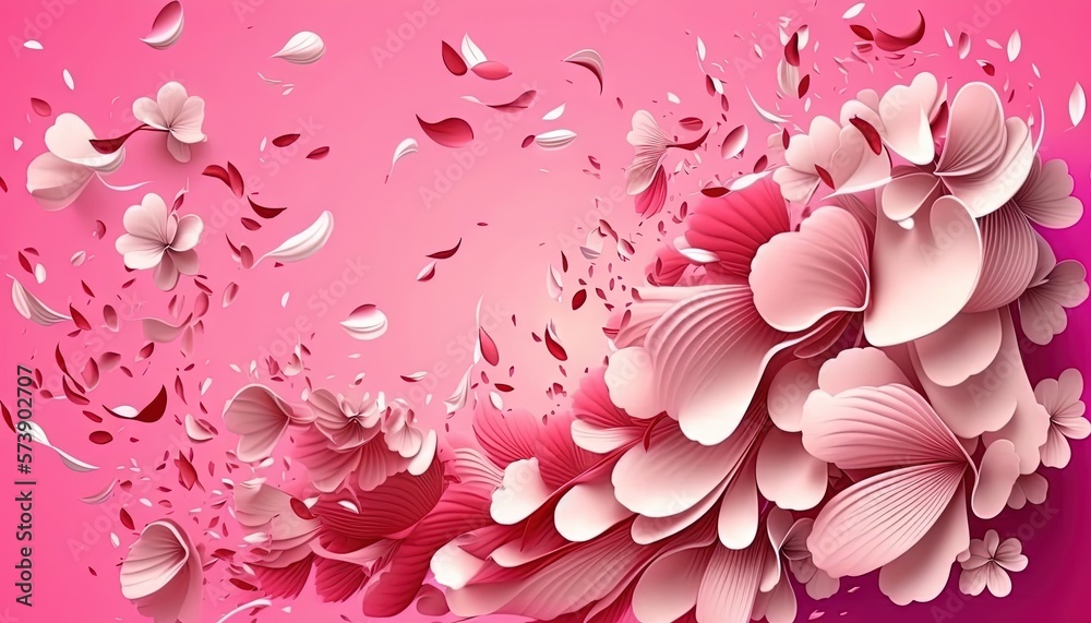  a pink background with lots of pink flowers and petals on its petals are falling off of the petals