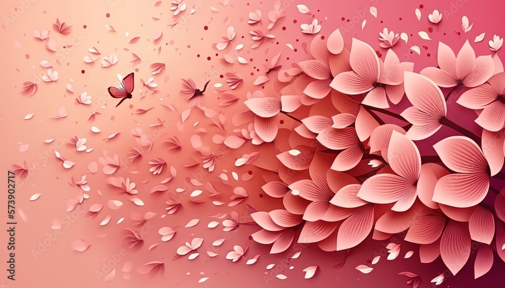  a bunch of pink flowers on a pink and pink background with a butterfly flying over them and a pink 