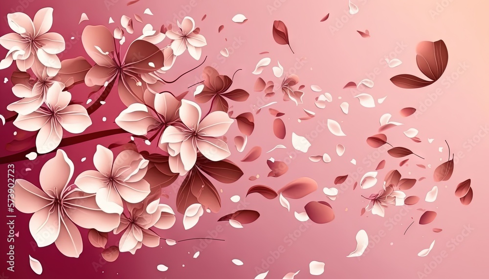  a bunch of flowers that are flying in the air on a pink background with white petals and petals fal