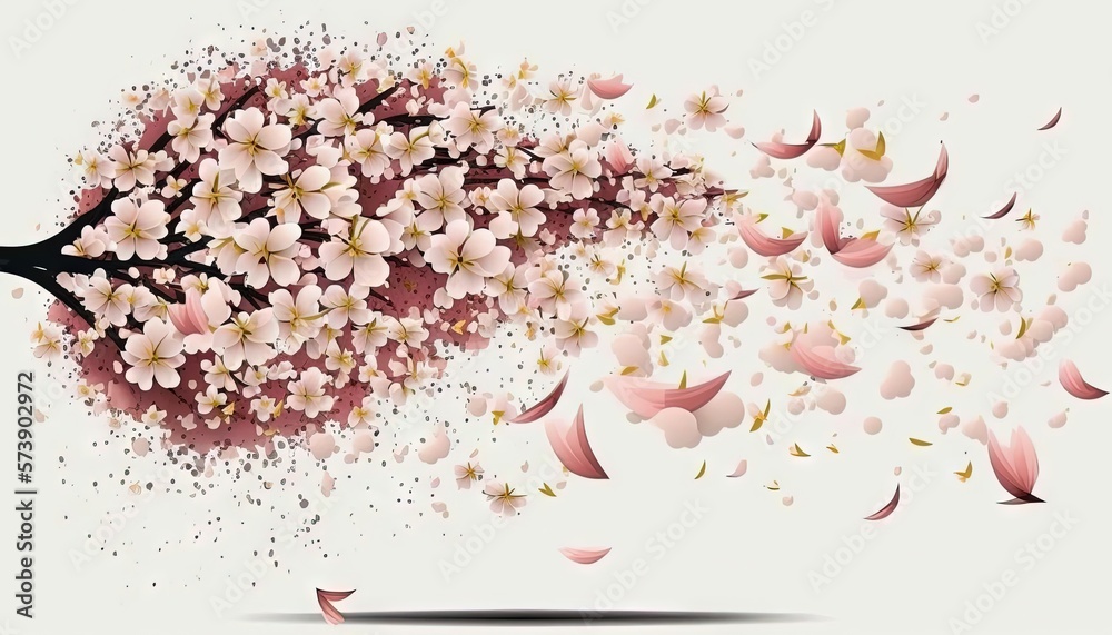  a tree with lots of pink flowers in the air and falling petals on the branches of the tree in the w