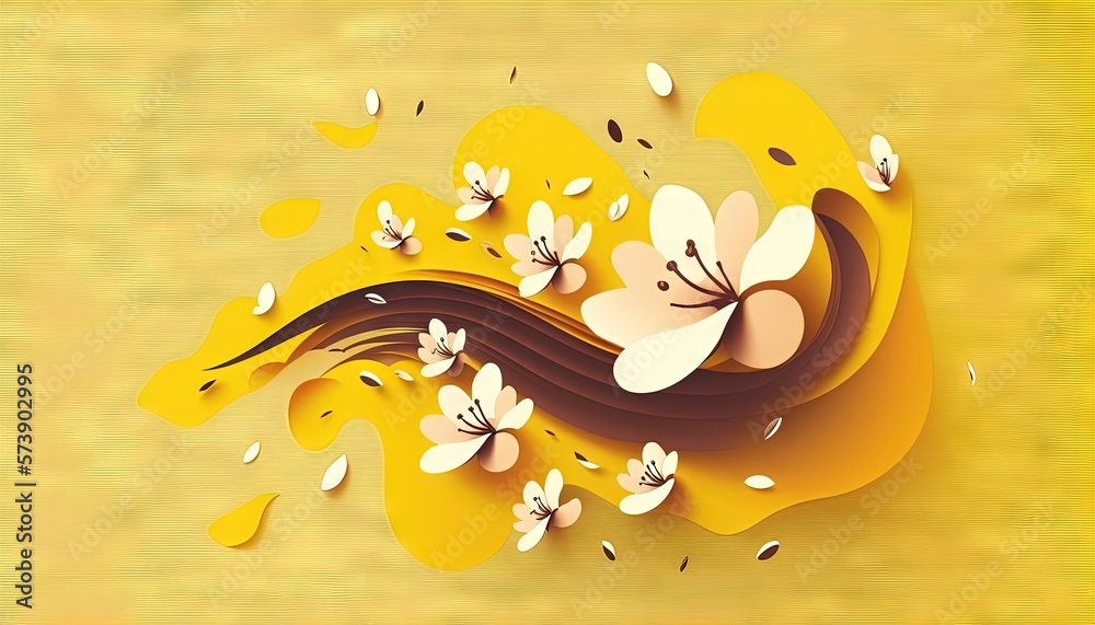  a yellow background with flowers and a wave of flowing paper in the middle of it, with a yellow bac