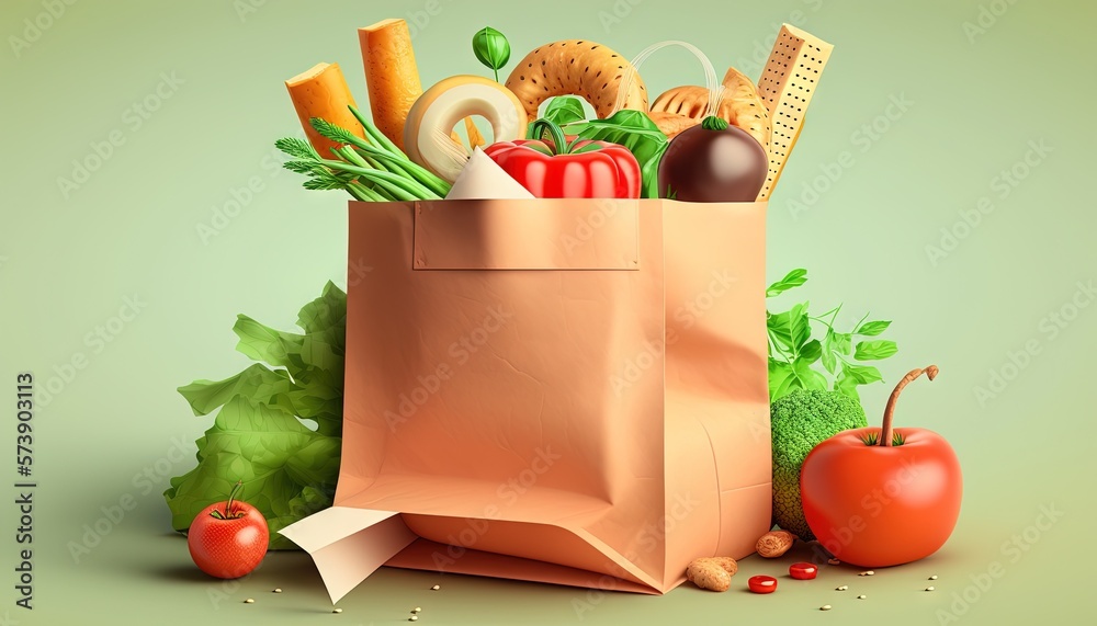  a paper bag full of food and vegetables on a green background with a paper bag full of food and veg