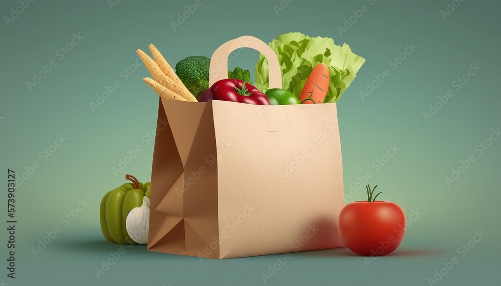  a paper bag full of fresh vegetables and fruits on a green background with a tomato and a green app