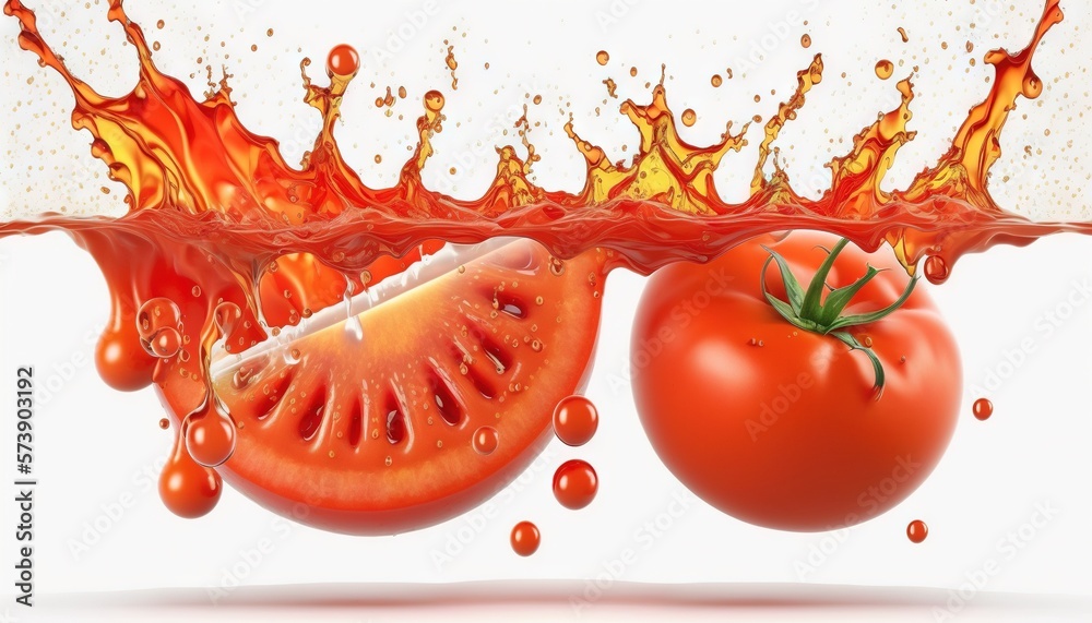  a tomato and a slice of watermelon are splashing out of the water on a white background with a spla