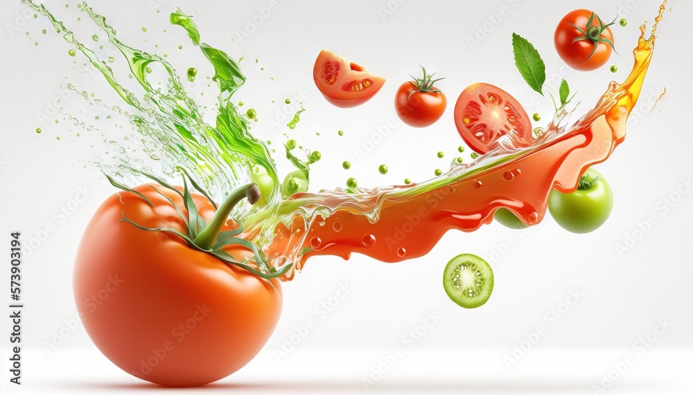  a tomato with a splash of juice on it and a slice of tomato on the other side of the image, with a 