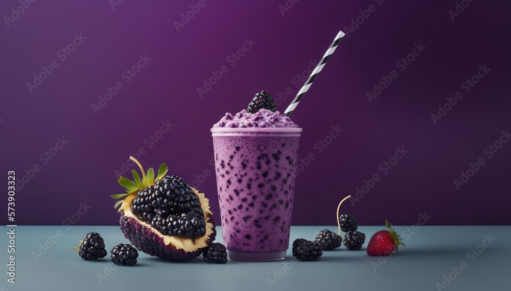  a purple smoothie with a straw and berries on a table with a purple background and a strawberries o