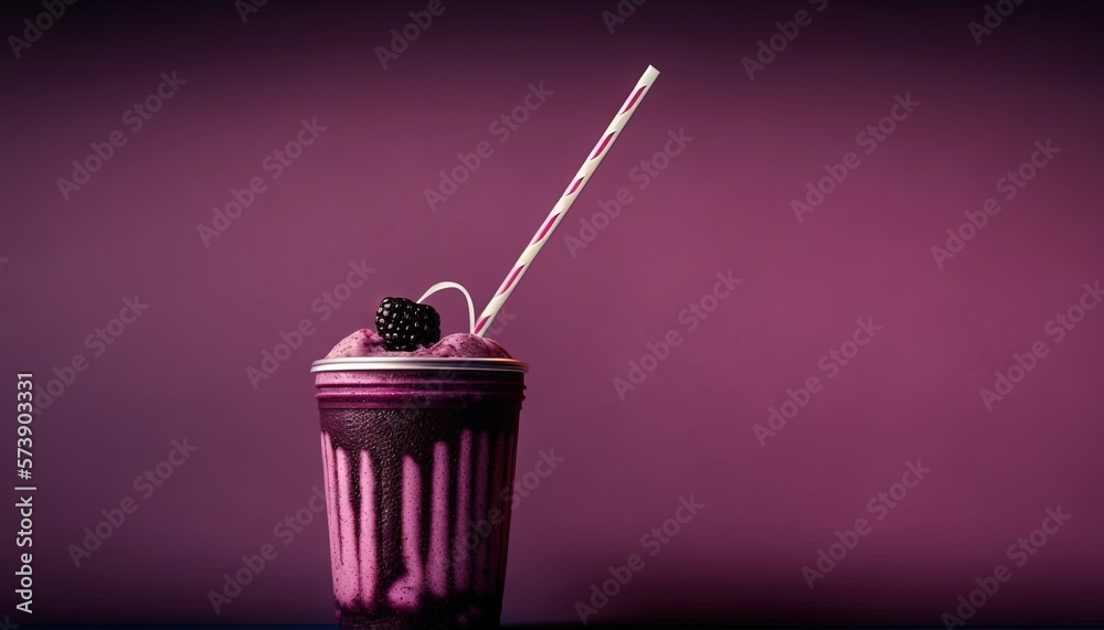  a purple cup with a straw and a black berry on top of it with a purple background and a pink wall i