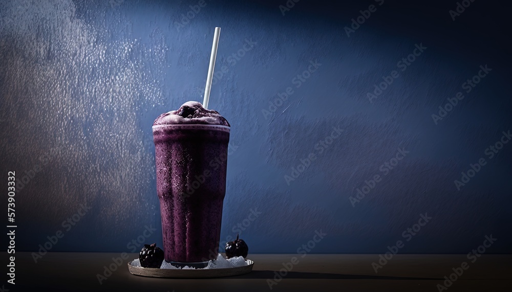  a purple smoothie with a straw in it on a table with a blue wall in the background and a black and 