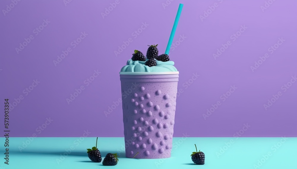  a cup of ice cream with blackberries on a blue table next to a purple background with a strawberrie