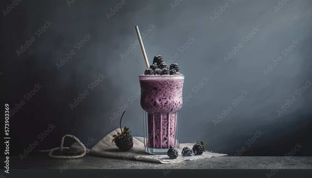  a smoothie in a glass with a straw and berries on a napkin with a straw and a strawberries on the s