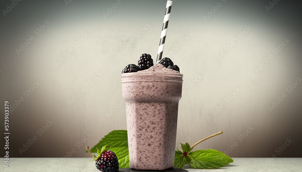  a smoothie with berries and a straw in a cup on a table with a green leaf and a gray wall in the ba