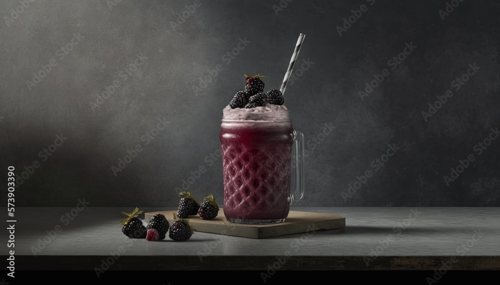  a glass with a strawberries drink and some berries on a table with a gray wall in the background an