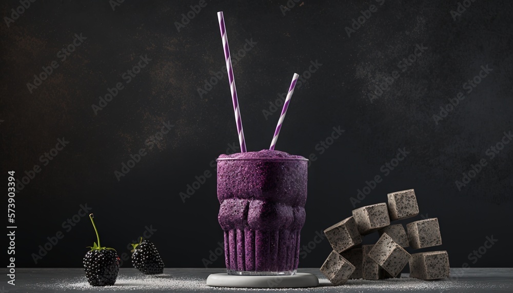  a purple drink with two straws in it next to a pile of sugar cubes and a raspberry on a table with 