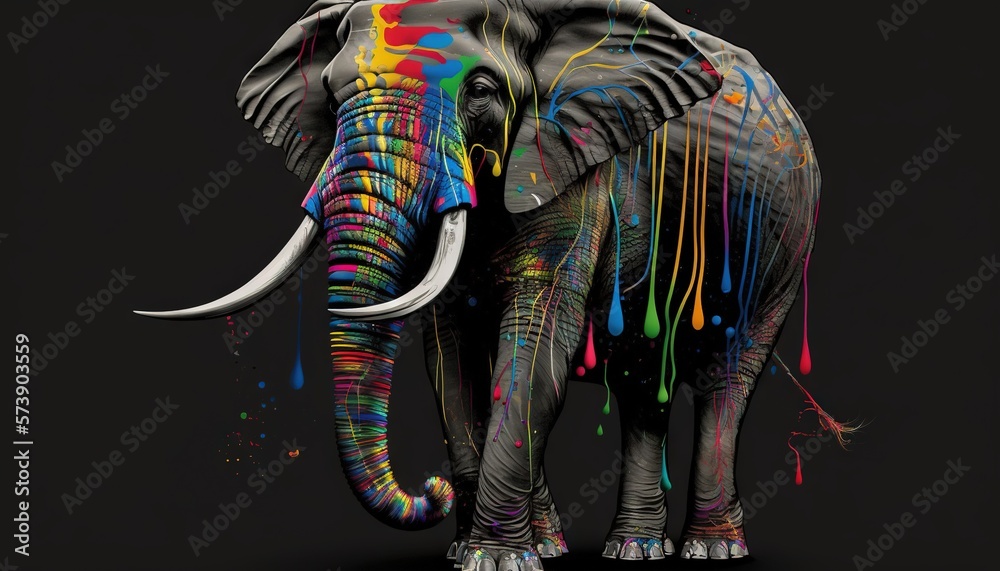  an elephant with a lot of paint on its face and tusks, standing in front of a black background wit