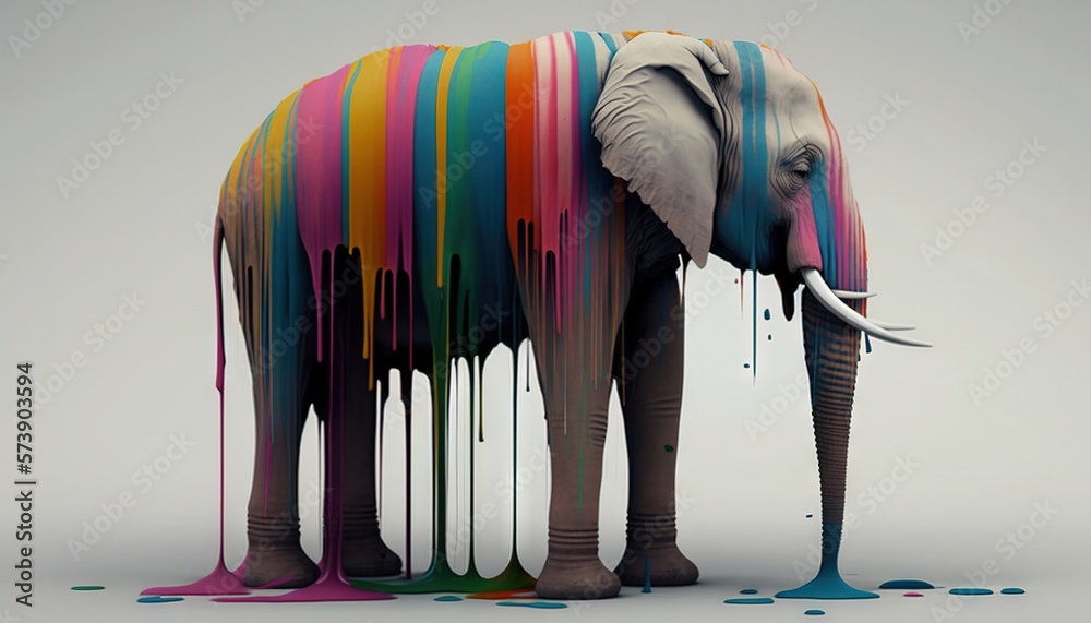  a colorful elephant standing in front of a white background with dripping paint on its trunk and t