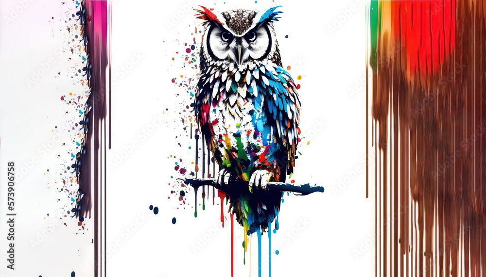  an owl is sitting on a branch with paint splatters all over its body and head, and its eyes are op