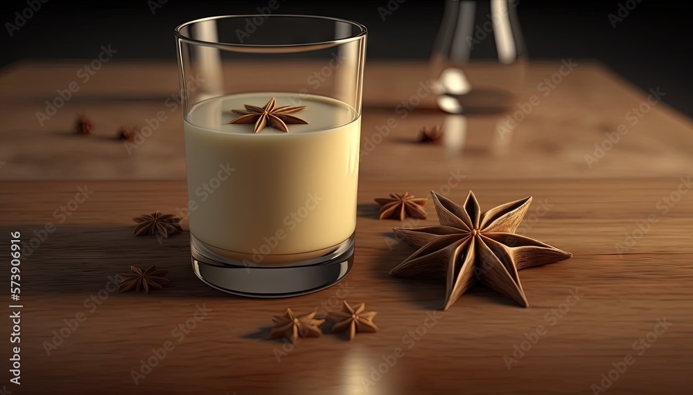  a glass of milk with a cinnamon star next to it on a wooden table with other star shaped objects ar