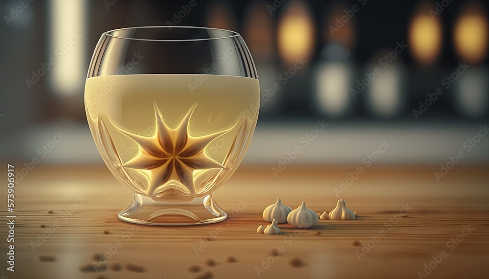  a glass filled with liquid sitting on top of a wooden table next to a pile of garlic cloves on a wo