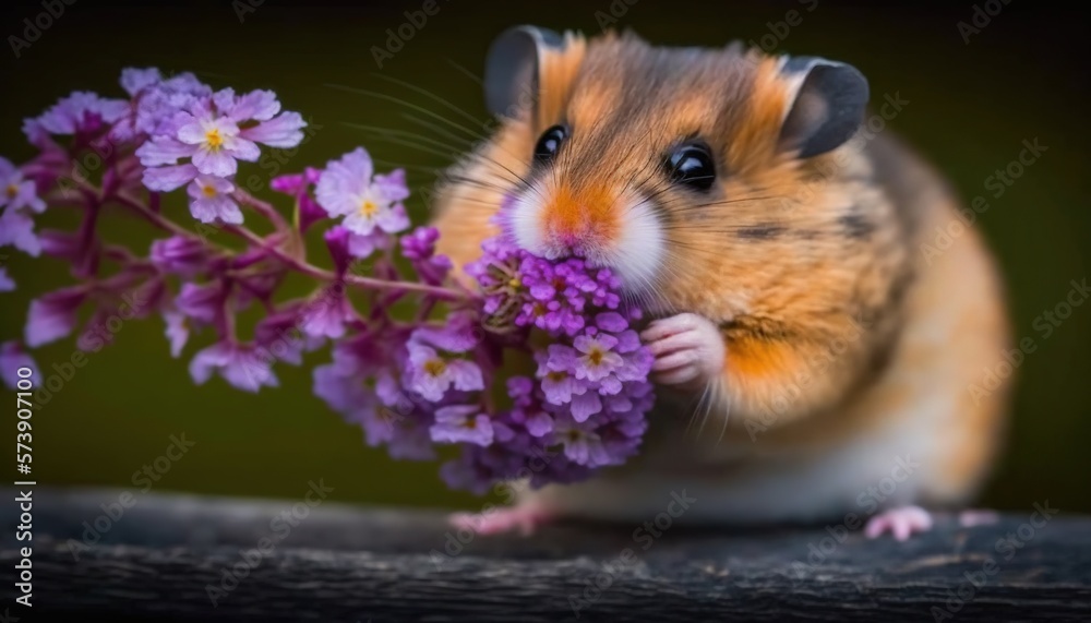  a hamster eating a bunch of purple flowers on a table with a green background and a black backgroun