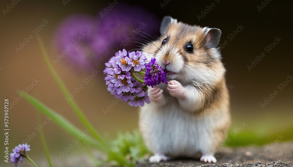  a small hamster holding a bunch of flowers in its mouth and looking up at the camera with a blurry