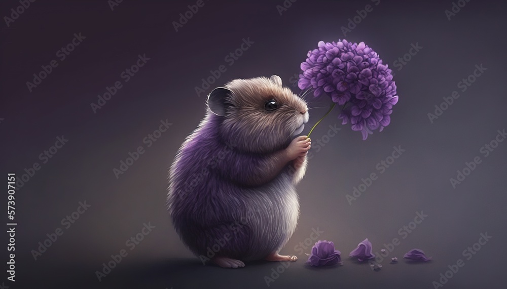  a small rodent holding a purple flower in its mouth and standing on its hind legs with a purple flo