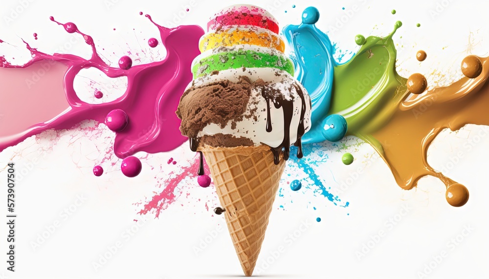  an ice cream cone with chocolate, ice cream, and sprinkles of paint on a white background with a sp