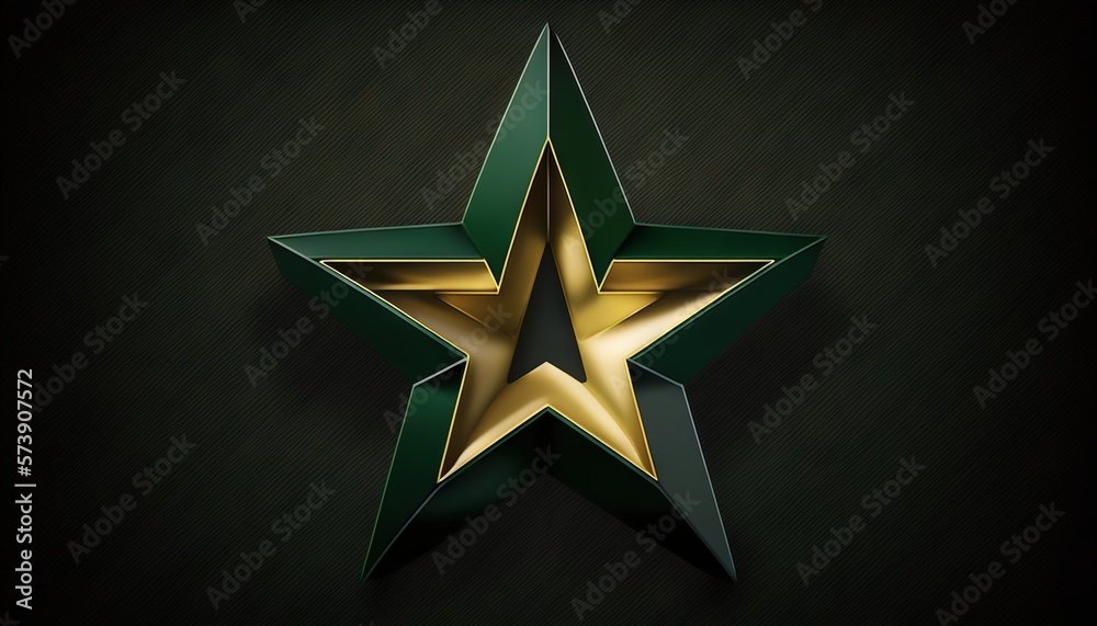  a green and gold star on a black background with a gold star in the center of the star is a shiny g