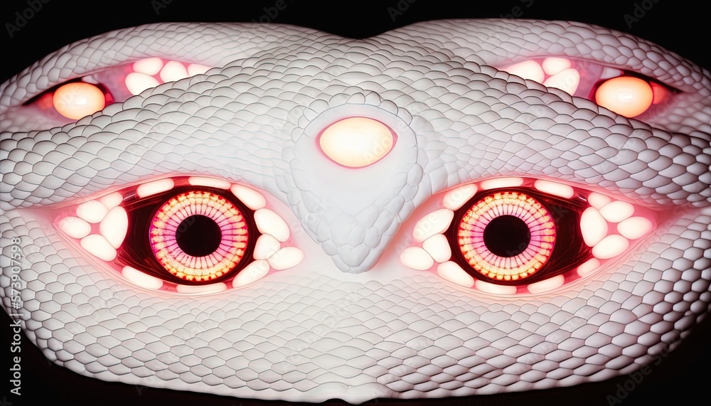  a close up of a white mask with red eyes and glowing lights on its face and eyes are glowing orange