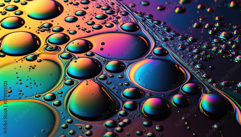  a close up of a rainbow colored liquid with drops of water on the bottom of the droplet and the bot