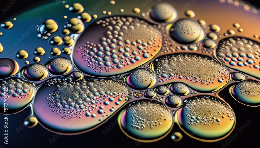  a close up of water droplets on a black background with a rainbow hue to the bottom of the image an