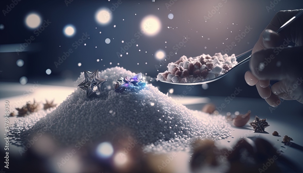  a person spoons sugar over a pile of sugar stars and snow flakes on a table with a spoon in the for