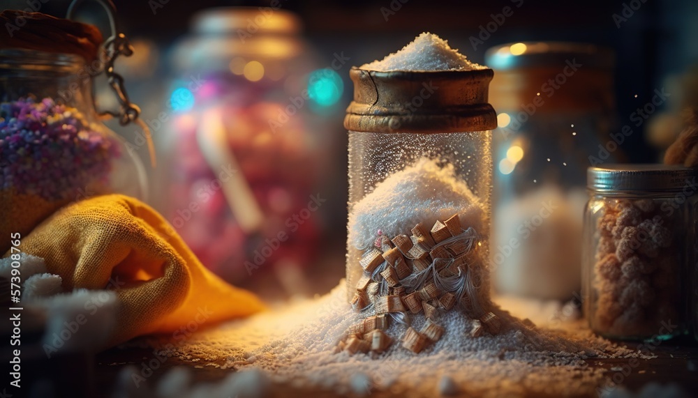  a close up of a salt shaker with a lot of salt in it and a cloth on the floor next to it and a jar 