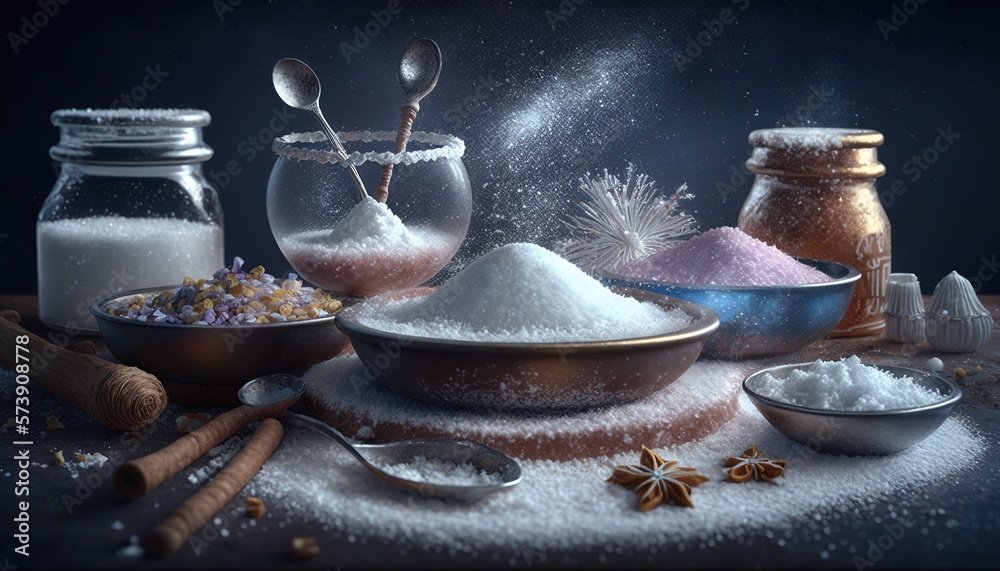  a table topped with bowls and bowls filled with powdered sugar and spices and salt shakers on top o