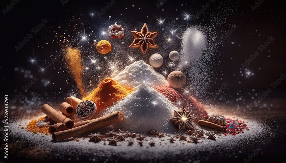  a christmas tree made of spices and spices on a black background with stars and snowflakes around i