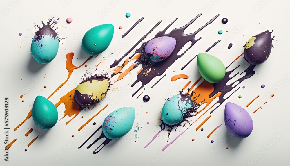  a group of colorful eggs sitting on top of a white table covered in chocolate and sprinkled with ch