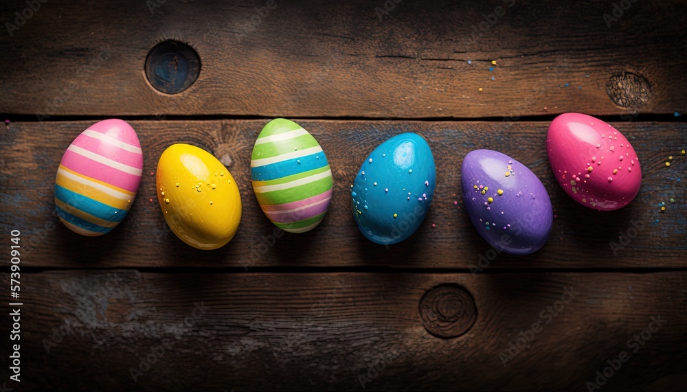  a row of painted easter eggs sitting on top of a wooden table with sprinkles on them and a hole in 